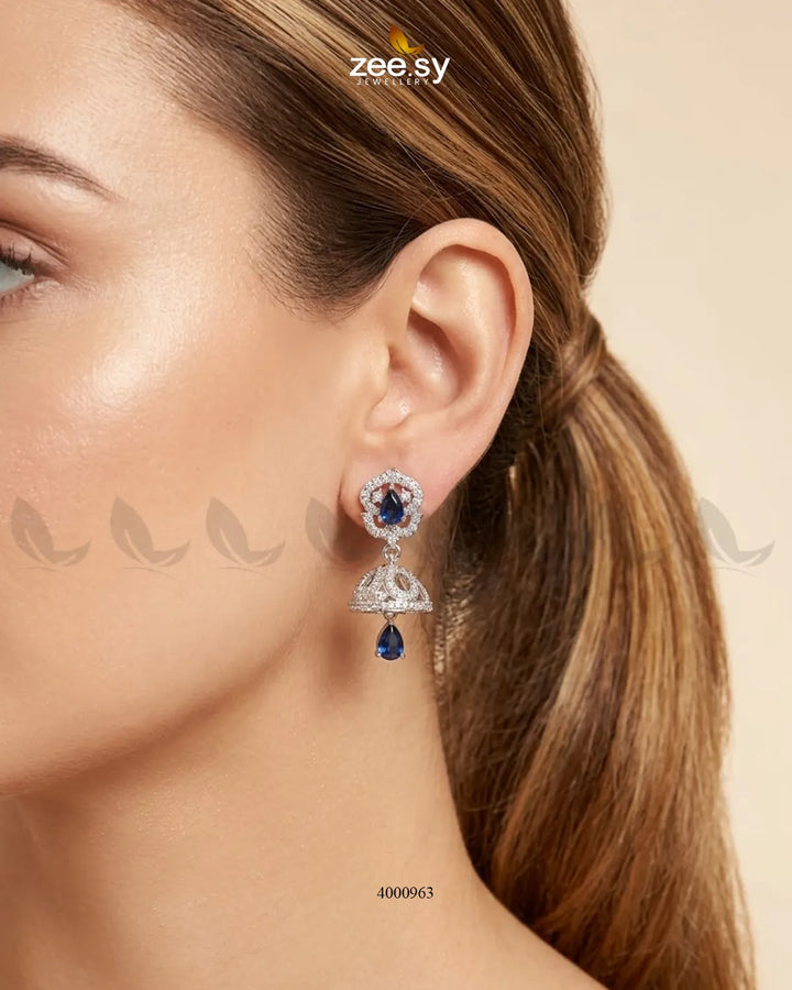 RHS09 ornate American diamond jhumka earrings in blue with intricate detailing