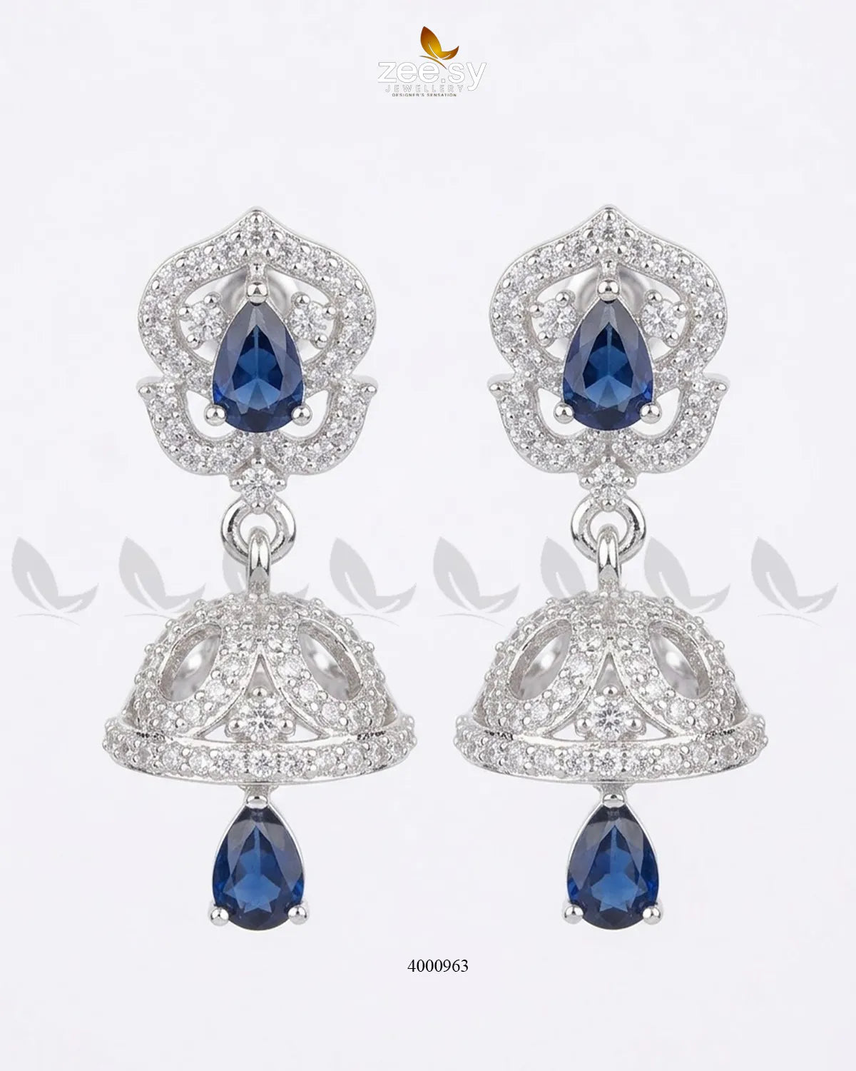RHS09 ornate American diamond jhumka earrings in blue with intricate detailing