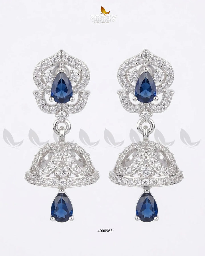 RHS09 ornate American diamond jhumka earrings in blue with intricate detailing