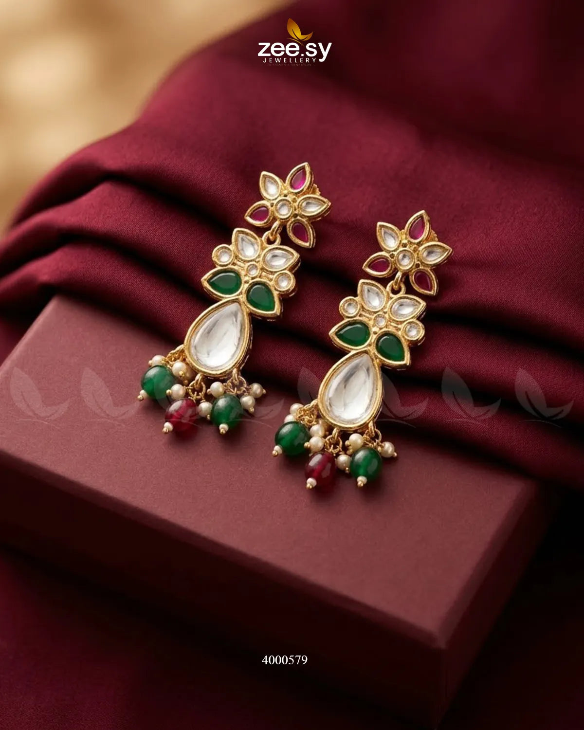 Ornate floral Polki statement earrings with intricate design and ruby-green accents, showcasing RHS09 brand craftsmanship.