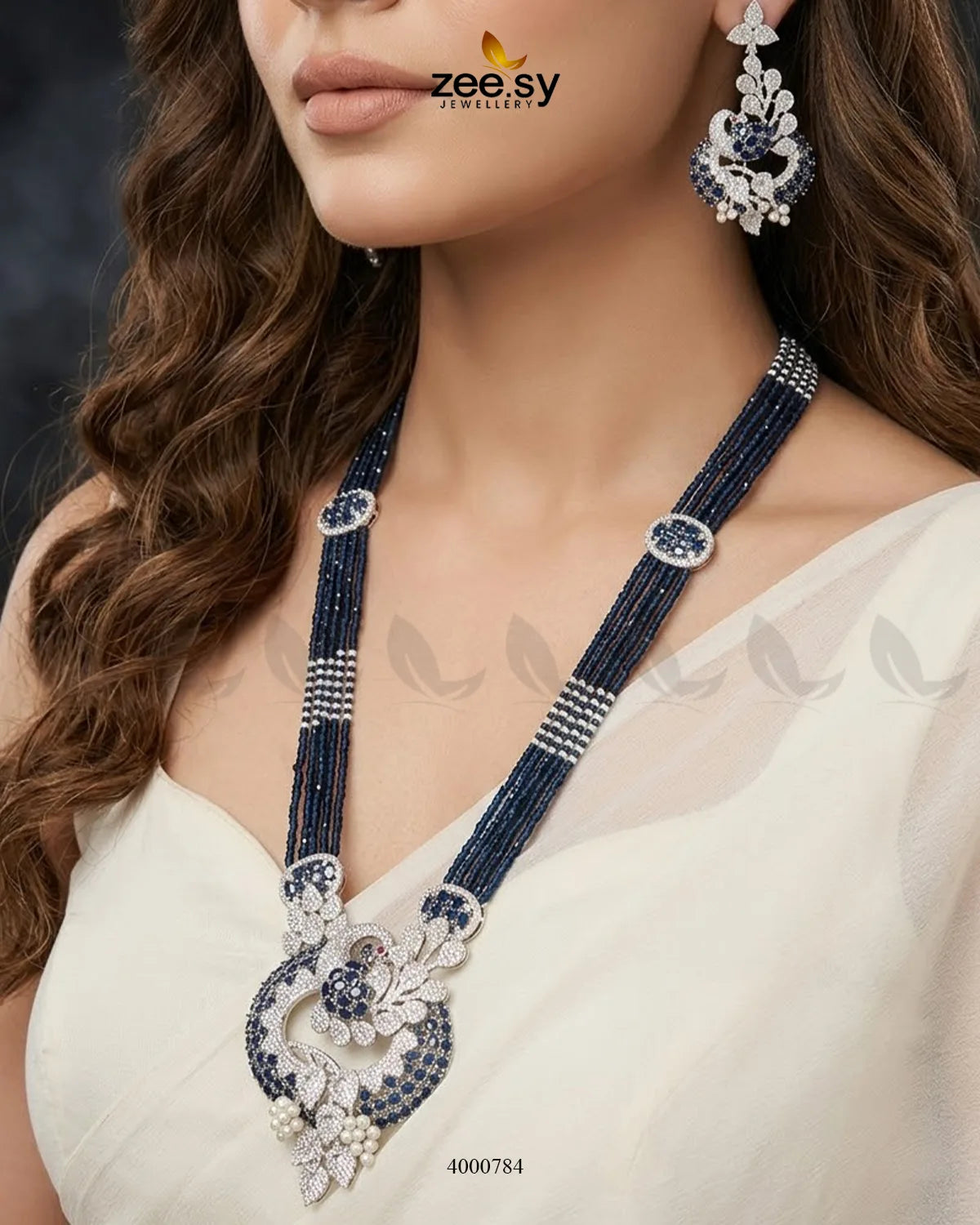 Ornate Peacock Zircon Malla Set
