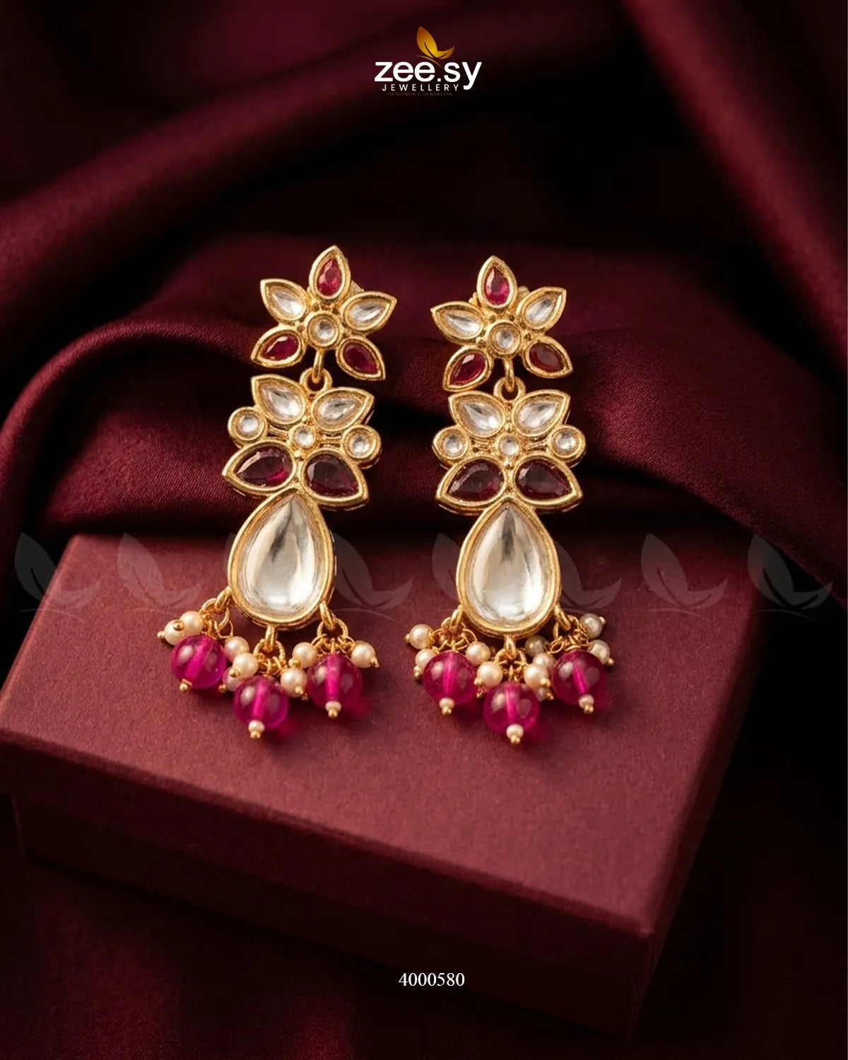 Purple ornate floral Polki statement earrings by RHS09 featuring intricate design and traditional Indian jewelry craftsmanship.
