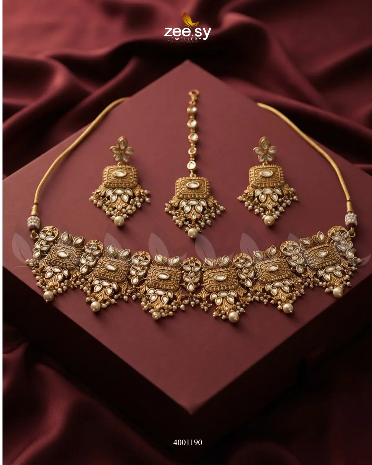 Ornate Gilded Trefoil Necklace Golden Pearl choker - Zeesy Jewellery Pakistan | Premium Artificial & Imitation Jewellery