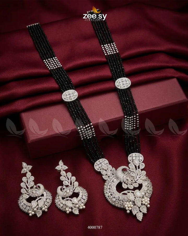 Black ornate peacock zircon mala necklace with intricate malla design from RHS09, featuring detailed peacock motifs and sparkling zircon stones.
