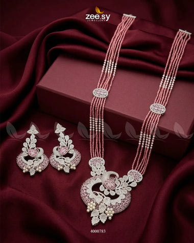 Pink ornate peacock zircon mala necklace with intricate malla design from RHS09, featuring detailed peacock motifs and sparkling stones.