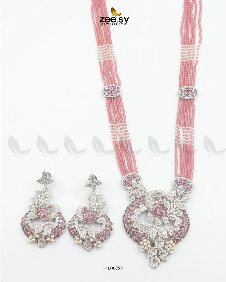 Pink peacock zircon mala necklace with intricate malla design from RHS09, featuring detailed ornamental craftsmanship.