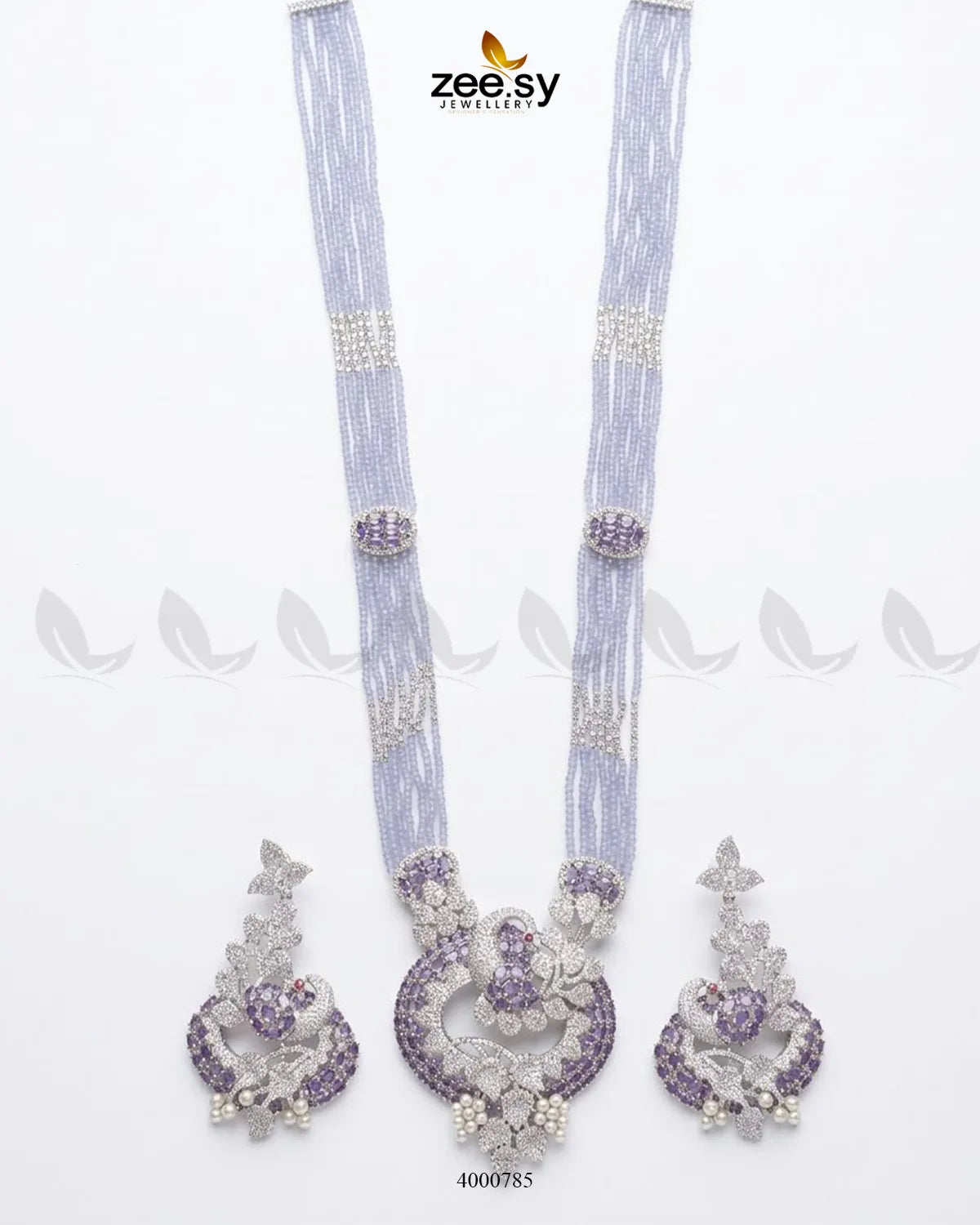 Elegant peacock zircon mala necklace with intricate malla design in purple, crafted by RHS09.