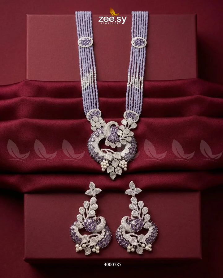Purple ornate peacock zircon mala necklace with intricate malla design, featuring detailed peacock motifs and sparkling zircon stones.