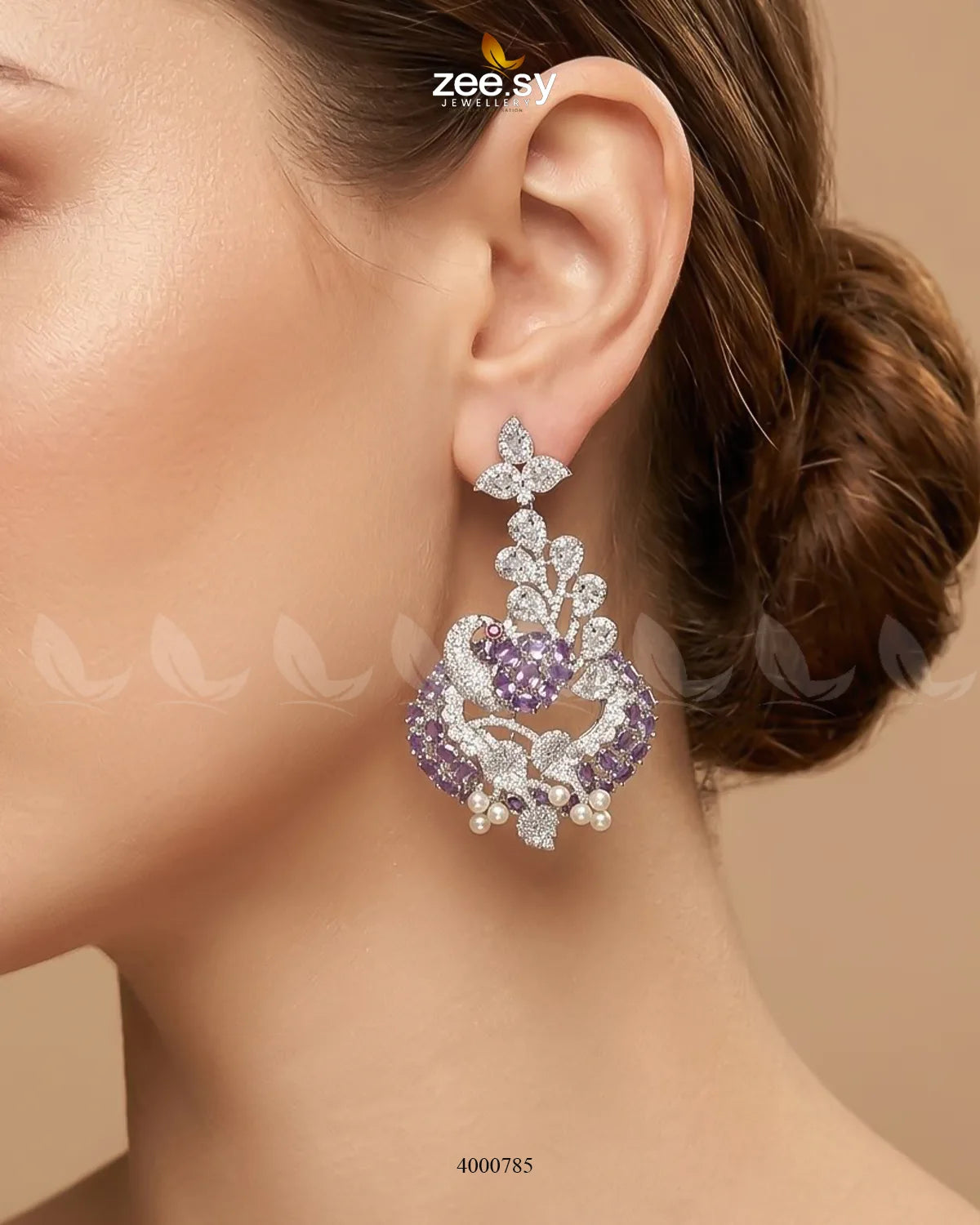 Purple ornate peacock zircon mala necklace from RHS09 with intricate malla design and detailed peacock motifs.