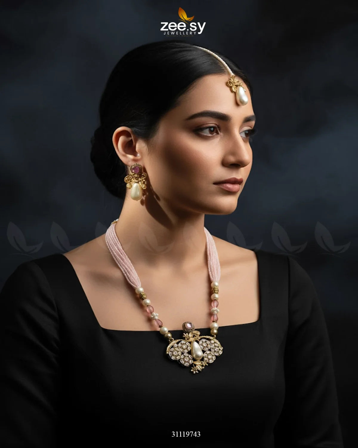 Carved Stream Malla Necklace Set - Zeesy Jewellery