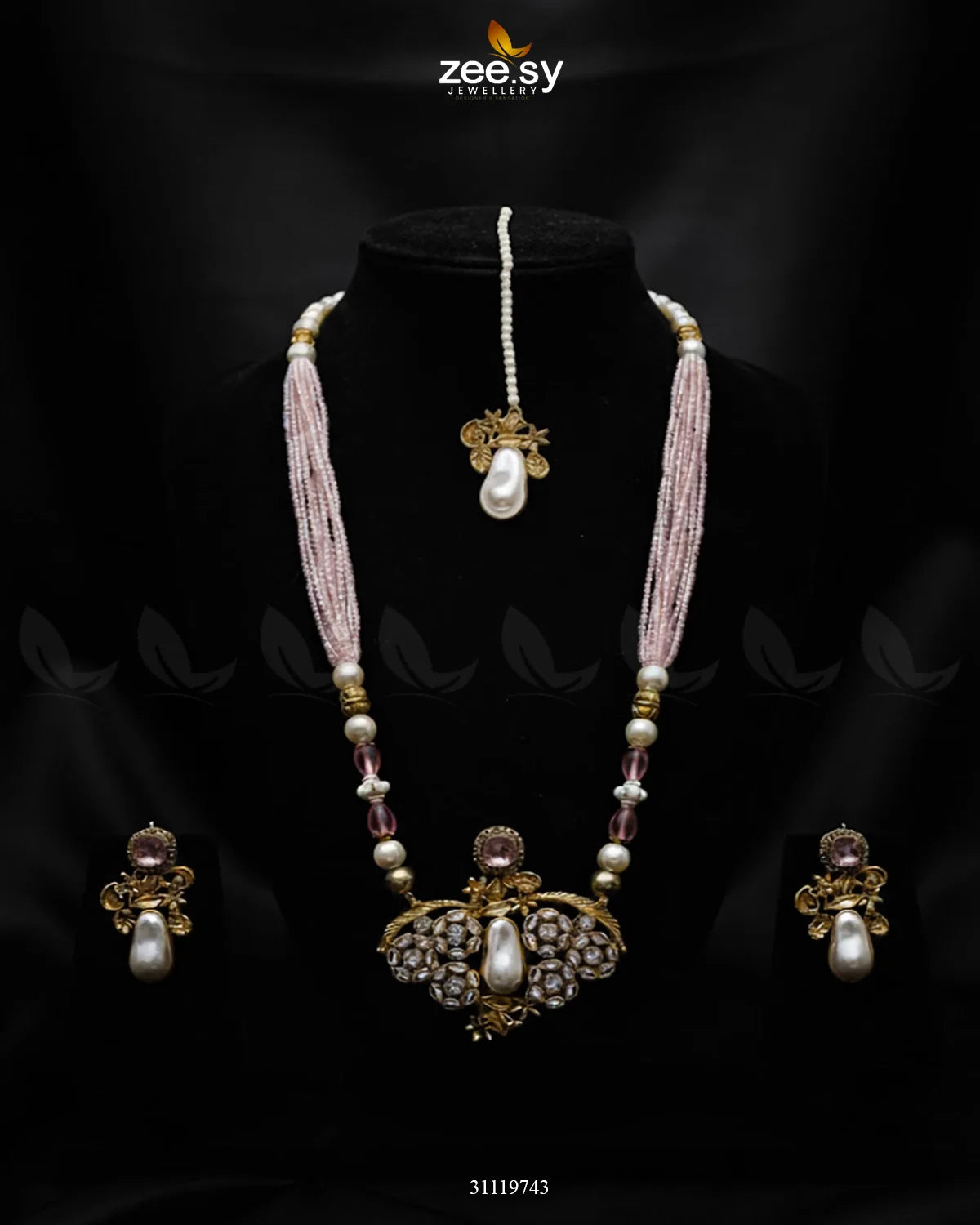 Carved Stream Malla Necklace Set Mint Pink - Zeesy Jewellery