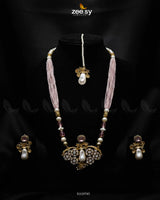 Carved Stream Malla Necklace Set Mint Pink - Zeesy Jewellery
