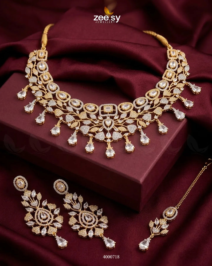 Petal American Diamond Necklace Set Golden Necklace Sets - Zeesy Jewellery Pakistan | Premium Artificial & Imitation Jewellery