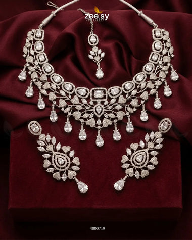 Petal American Diamond Necklace Set Silver Necklace Sets - Zeesy Jewellery Pakistan | Premium Artificial & Imitation Jewellery
