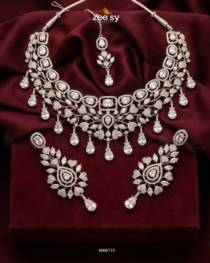 Petal American Diamond Necklace Set Silver Necklace Sets - Zeesy Jewellery Pakistan | Premium Artificial & Imitation Jewellery