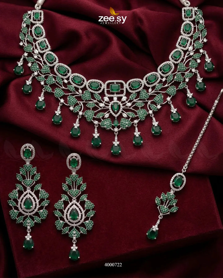 Petal American Diamond Necklace Set Silver Green Necklace Sets - Zeesy Jewellery Pakistan | Premium Artificial & Imitation Jewellery