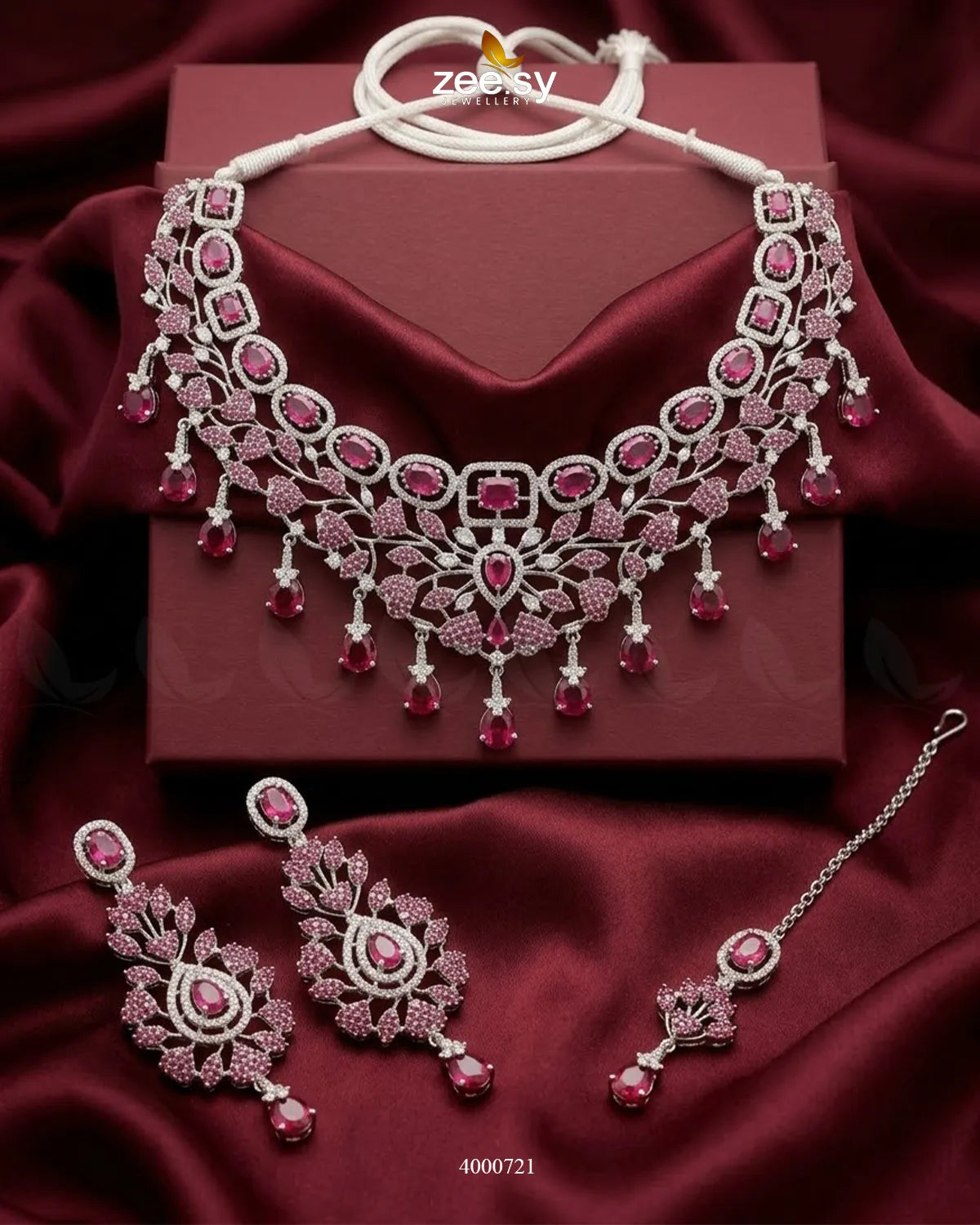 Petal American Diamond Necklace Set Silver Ruby Necklace Sets - Zeesy Jewellery Pakistan | Premium Artificial & Imitation Jewellery