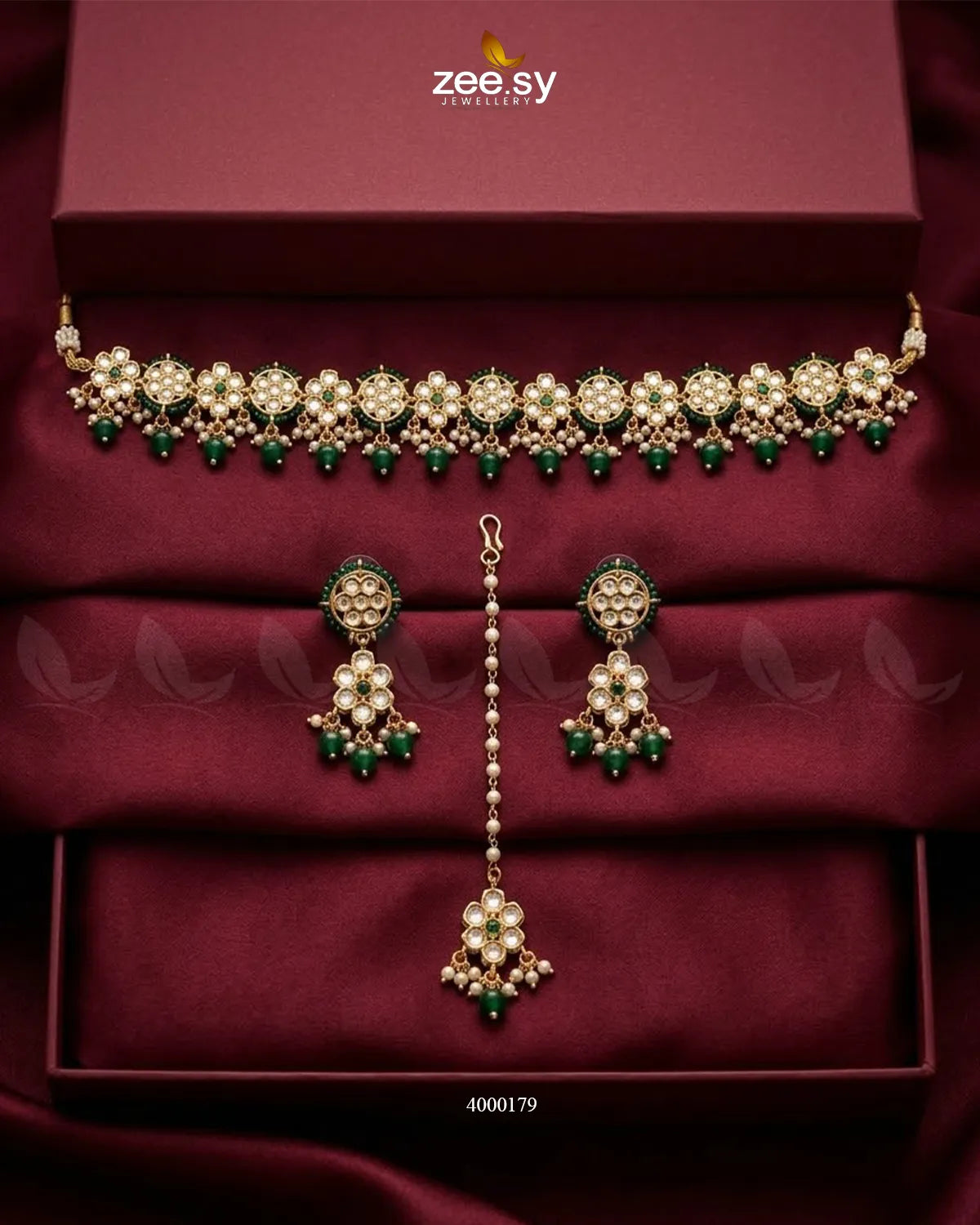 Petunia Floral Stone Necklace Set Golden Green Necklace Sets - Zeesy Jewellery Pakistan | Premium Artificial & Imitation Jewellery