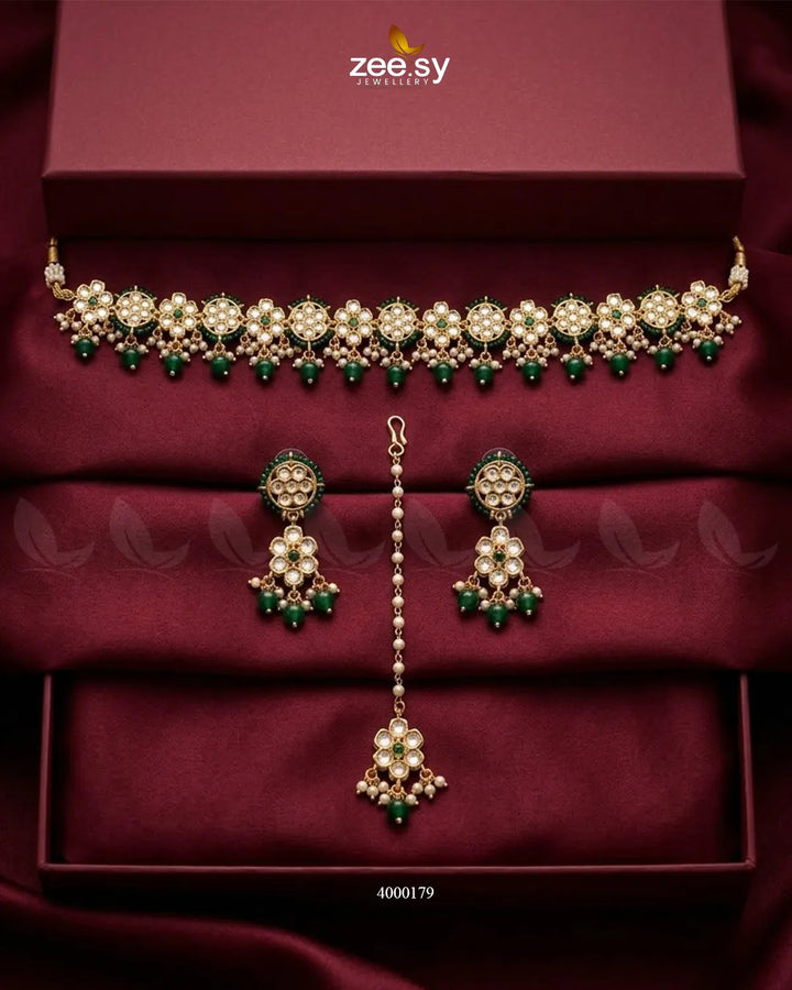 Petunia Floral Stone Necklace Set Golden Green Necklace Sets - Zeesy Jewellery Pakistan | Premium Artificial & Imitation Jewellery