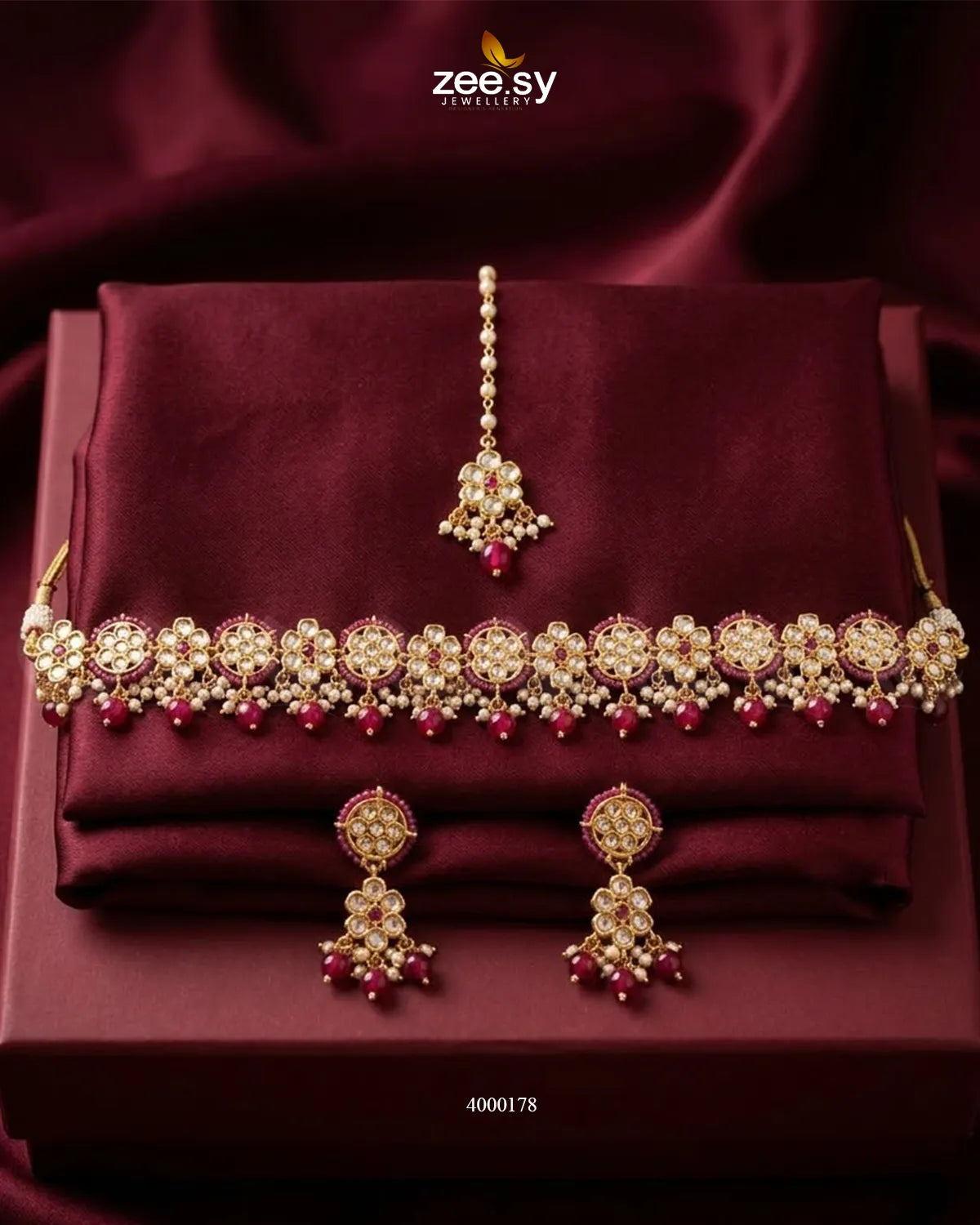 Petunia Floral Stone Necklace Set Golden Red Necklace Sets - Zeesy Jewellery Pakistan | Premium Artificial & Imitation Jewellery