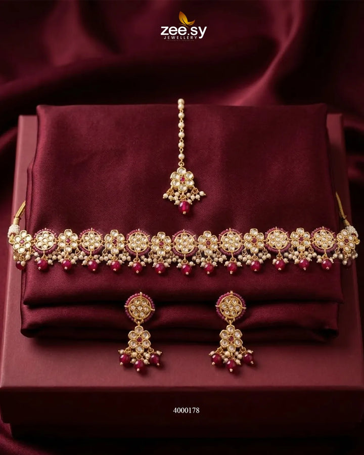 Petunia Floral Stone Necklace Set Golden Red Necklace Sets - Zeesy Jewellery Pakistan | Premium Artificial & Imitation Jewellery