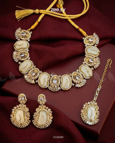 Precious Bold Gemstone Necklace Set Golden Opal White Necklace Sets - Zeesy Jewellery Pakistan | Premium Artificial & Imitation Jewellery