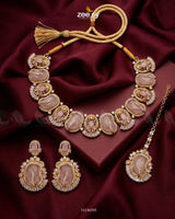 Precious Bold Gemstone Necklace Set Golden Mint Pink Necklace Sets - Zeesy Jewellery Pakistan | Premium Artificial & Imitation Jewellery