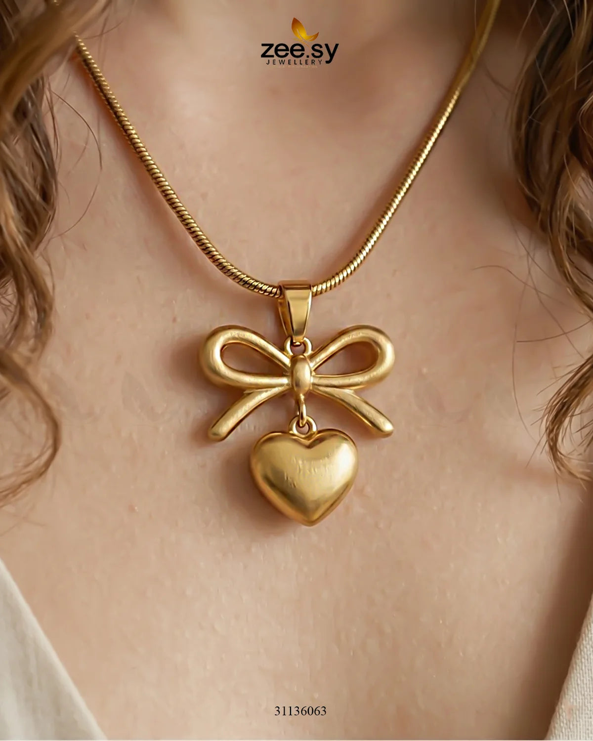 Puffed Heart Ribbon Bow Pendant Pendant - Zeesy Jewellery Pakistan | Premium Artificial & Imitation Jewellery