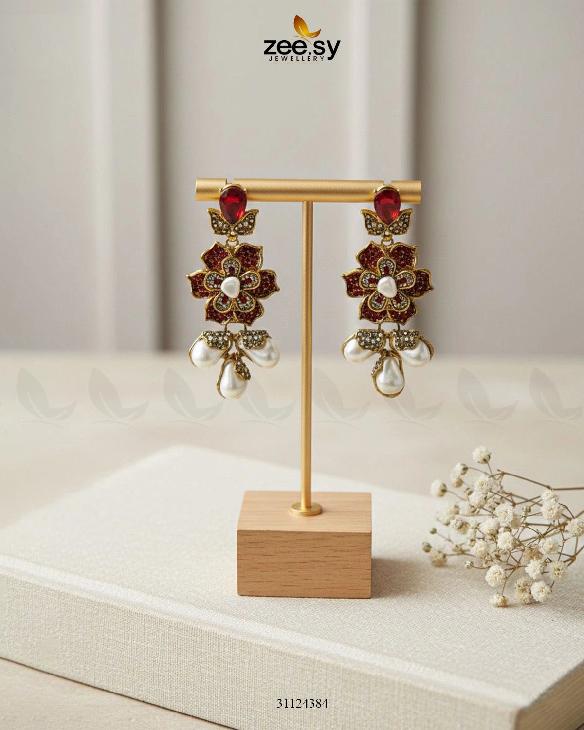 Floral Crystal Pearl Drop Earrings - Zeesy Jewellery