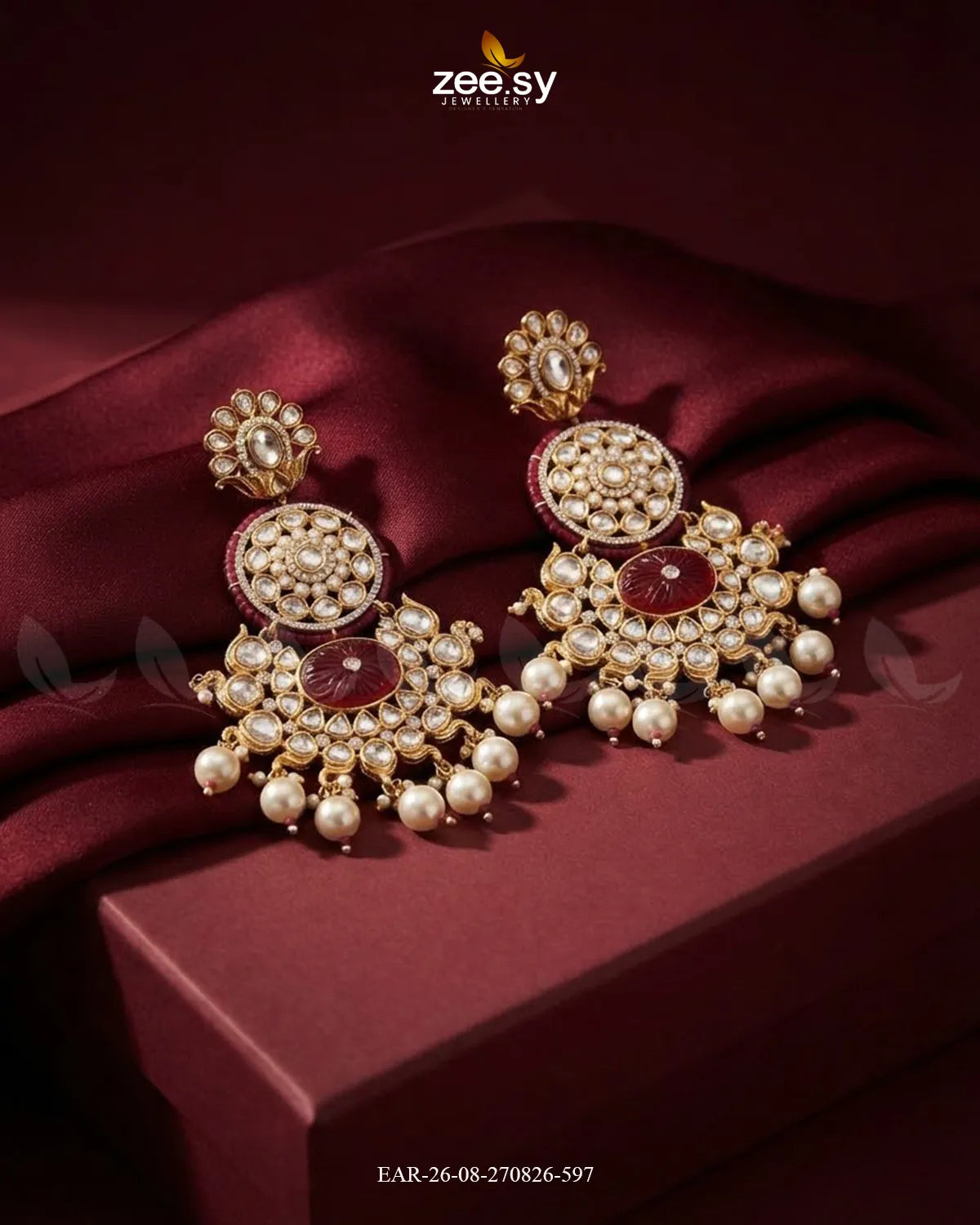 Radiance Carved Kundan Earring Golden Ruby Earrings - Zeesy Jewellery Pakistan | Premium Artificial & Imitation Jewellery