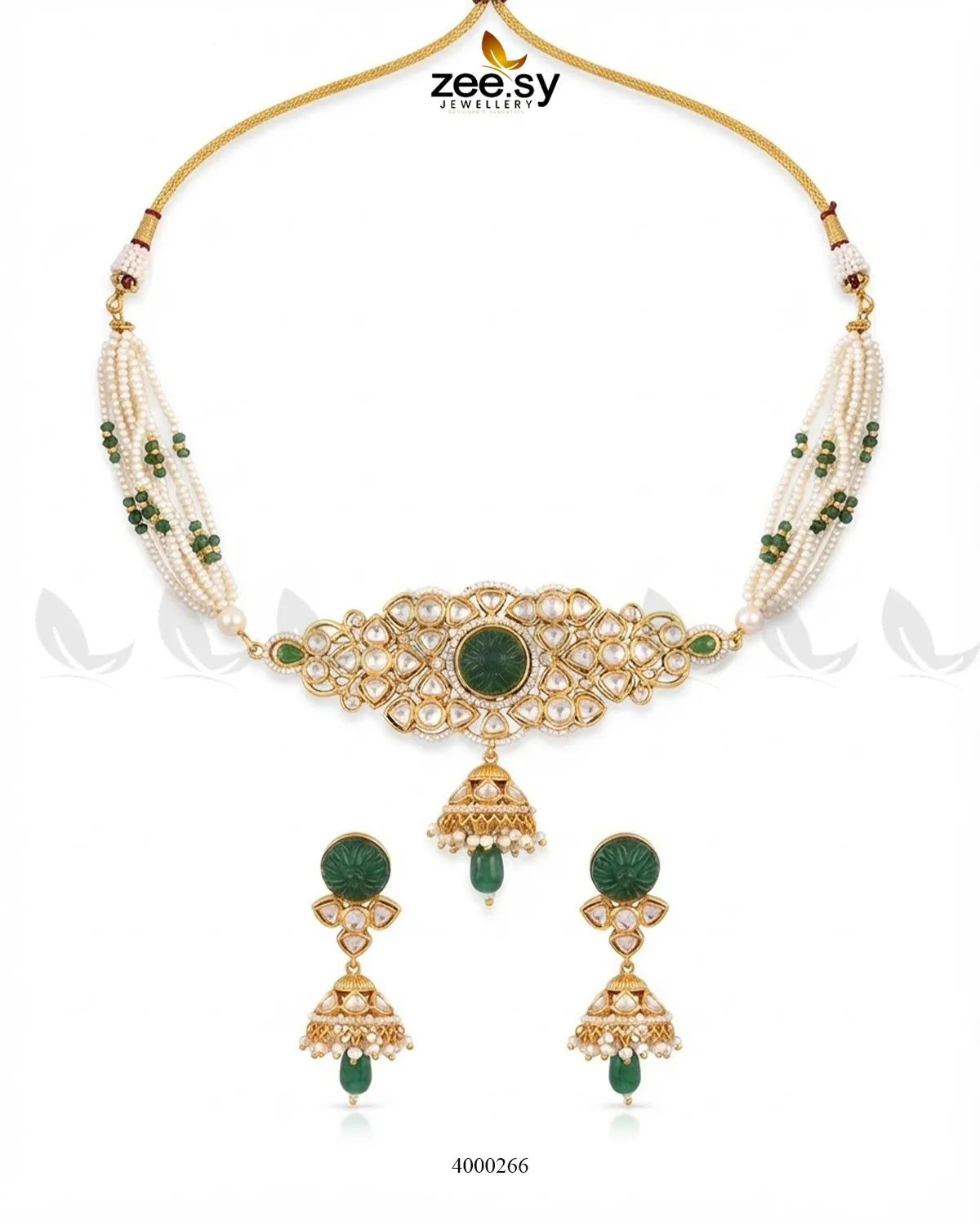 Green Radiance Pearl Jhumki choker set with intricate pearl and jhumki design, perfect for traditional festive occasions.