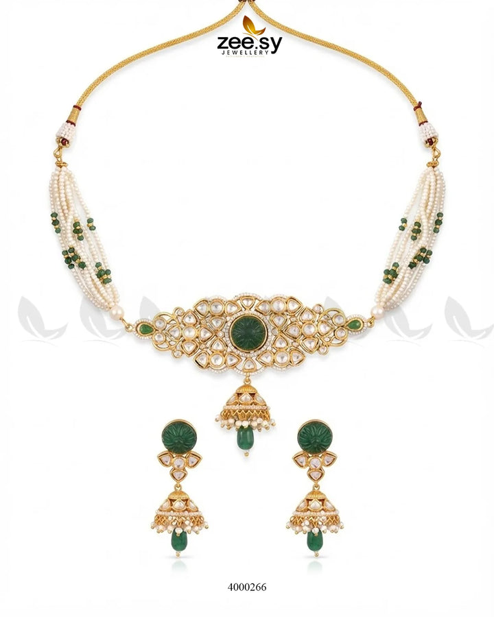 Green Radiance Pearl Jhumki choker set with intricate pearl and jhumki design, perfect for traditional festive occasions.