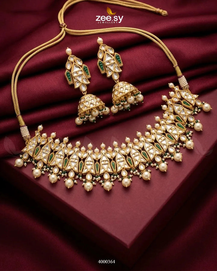 Ragini Sleek Pearl Necklace Set Golden Green Necklace Sets - Zeesy Jewellery Pakistan | Premium Artificial & Imitation Jewellery