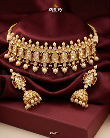 Ragini Sleek Pearl Necklace Set Golden Red Necklace Sets - Zeesy Jewellery Pakistan | Premium Artificial & Imitation Jewellery