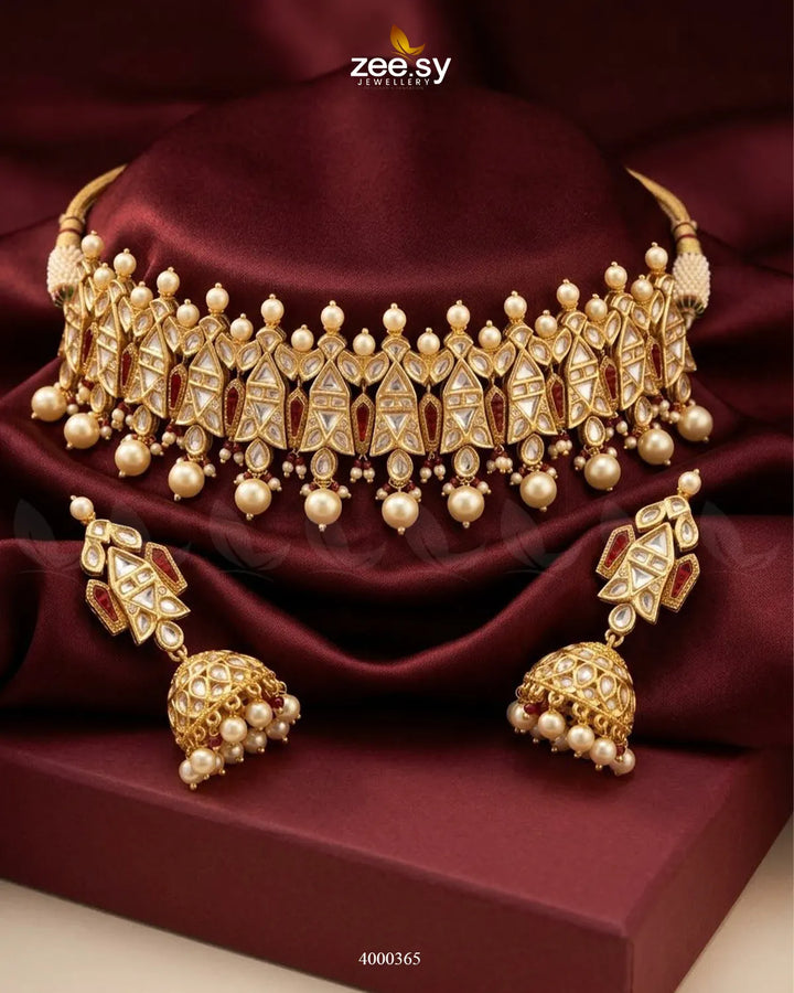 Ragini Sleek Pearl Necklace Set Golden Red Necklace Sets - Zeesy Jewellery Pakistan | Premium Artificial & Imitation Jewellery