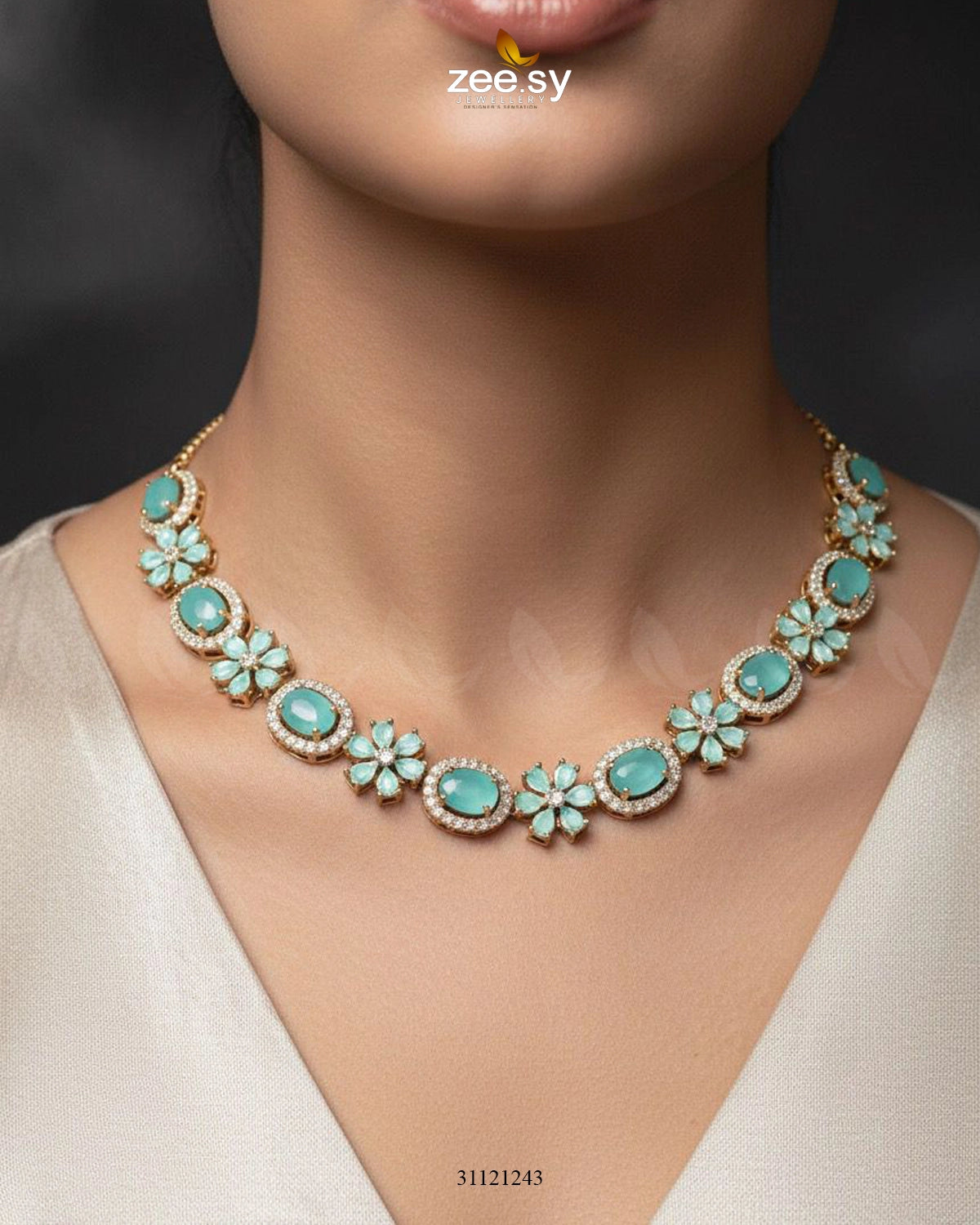 Regal Diamond Flower Necklace Set Golden Mint Green - Zeesy Jewellery