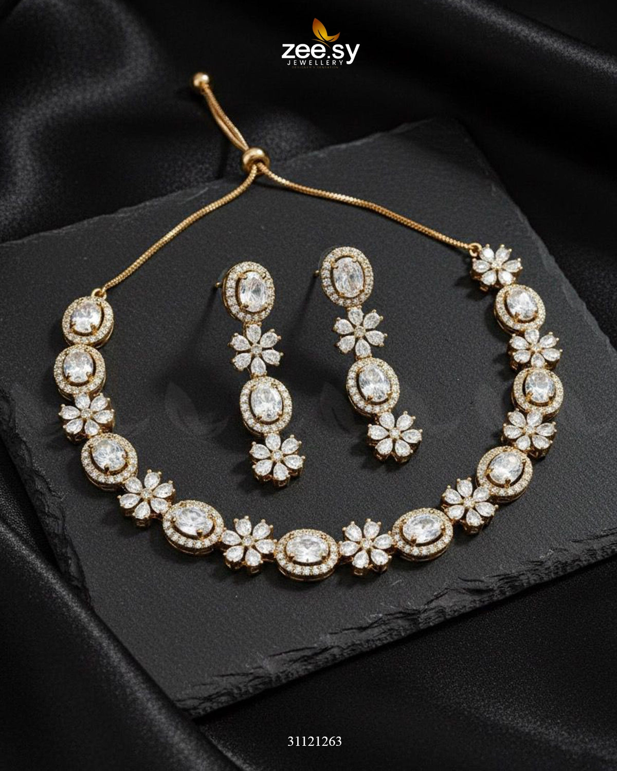Regal Diamond Flower Necklace Set Golden White - Zeesy Jewellery
