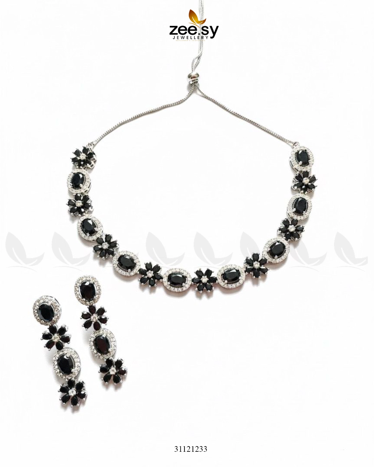 Regal Diamond Flower Necklace Set Silver Black - Zeesy Jewellery
