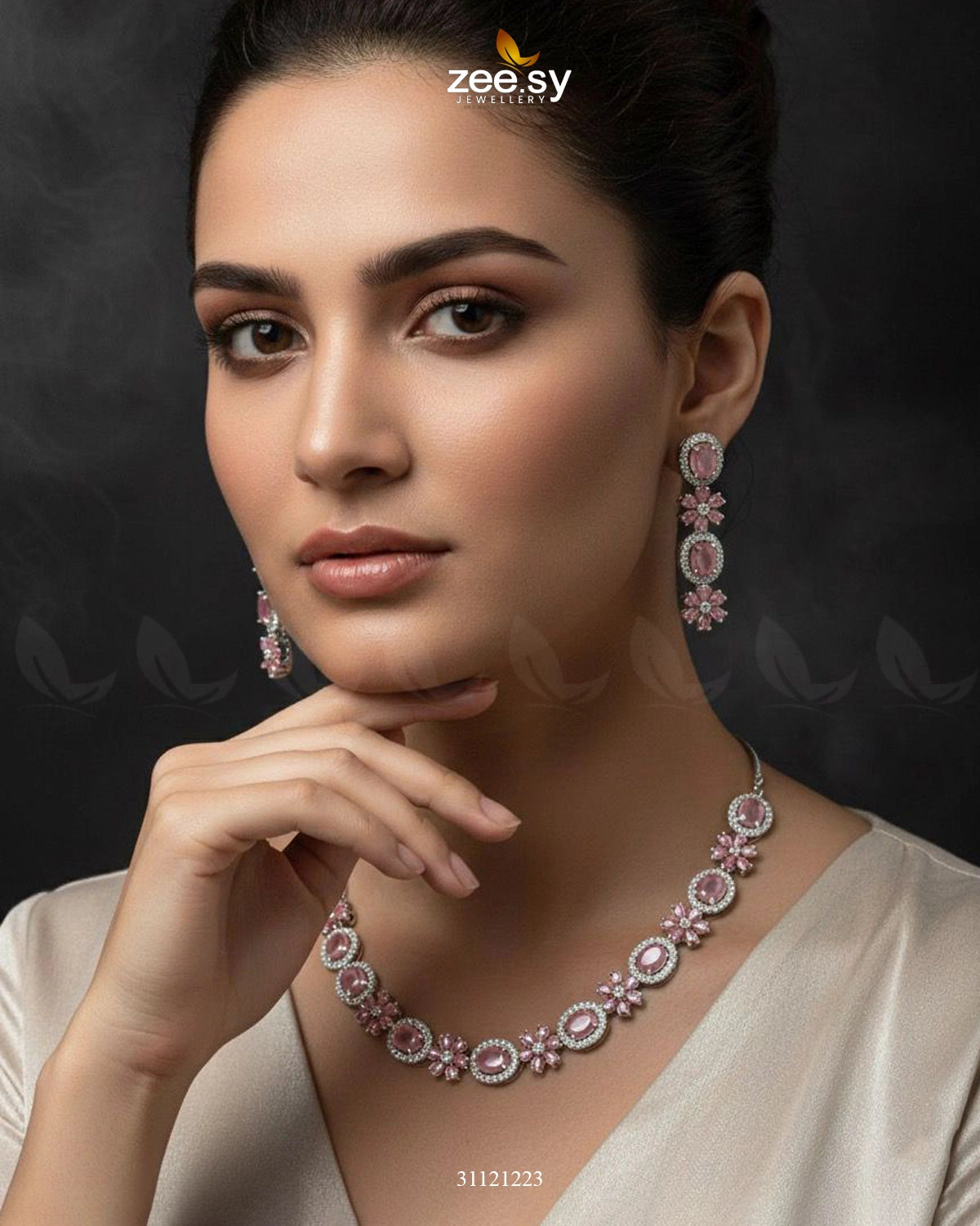 Regal Diamond Flower Necklace Set Silver Mint Pink - Zeesy Jewellery