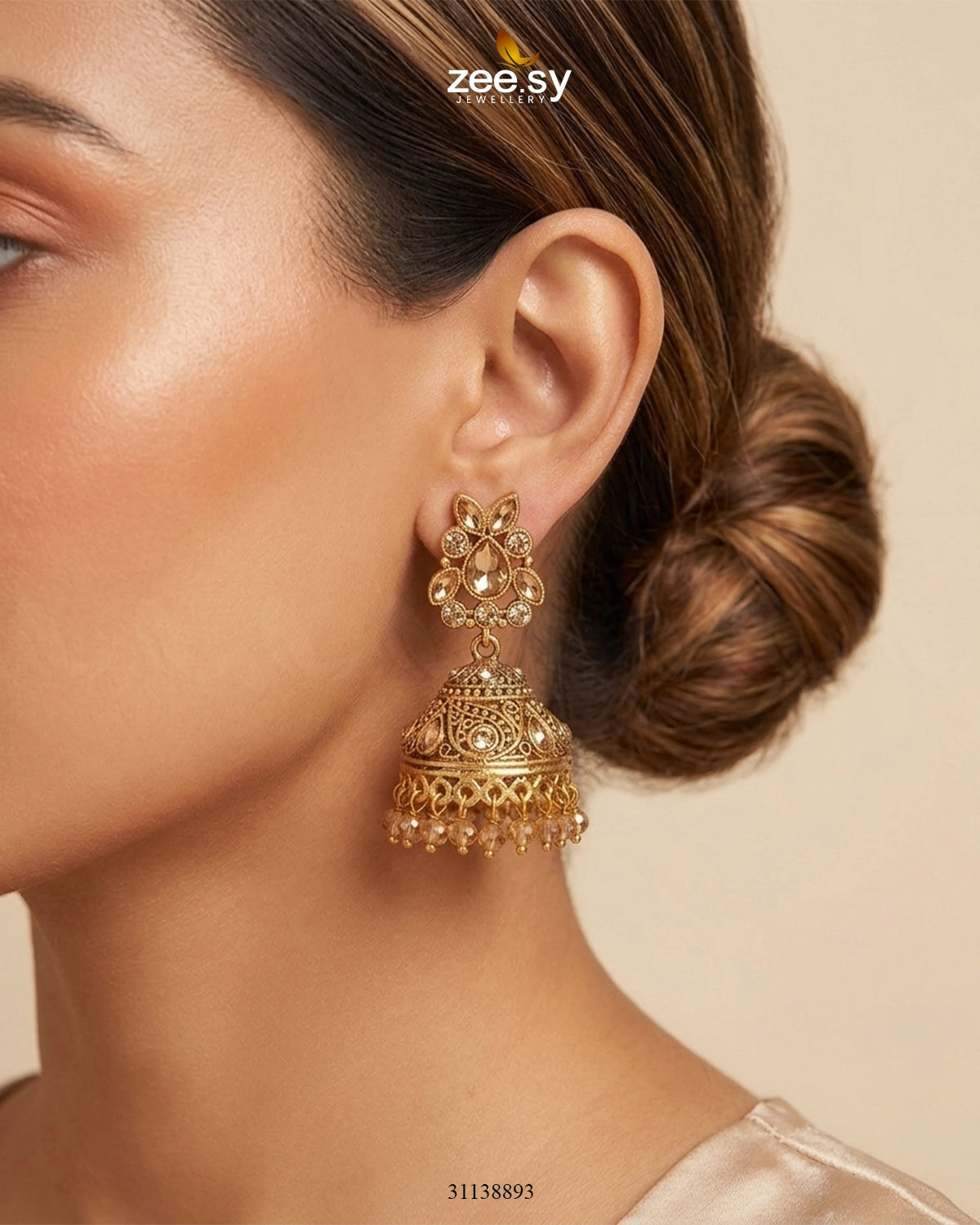 Regal Drop Stone Jhumka Earrings Golden Champagne Earrings - Zeesy Jewellery Pakistan | Premium Artificial & Imitation Jewellery