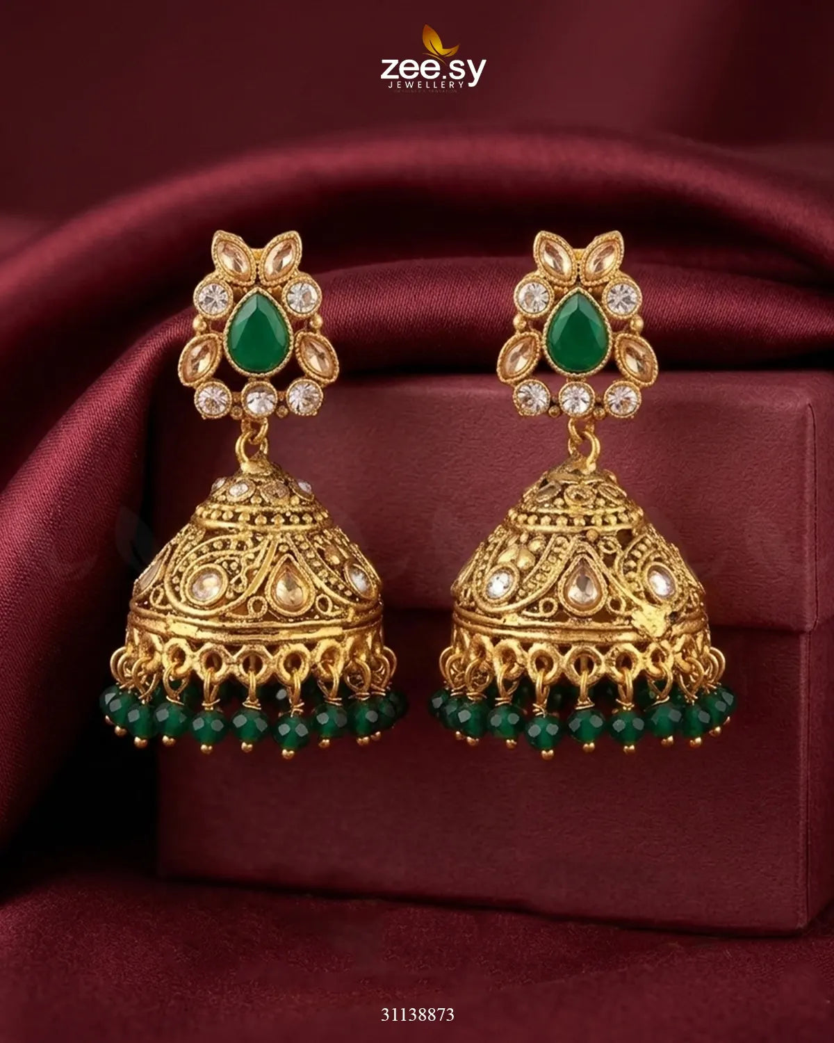 Regal Drop Stone Jhumka Earrings Golden Green Earrings - Zeesy Jewellery Pakistan | Premium Artificial & Imitation Jewellery