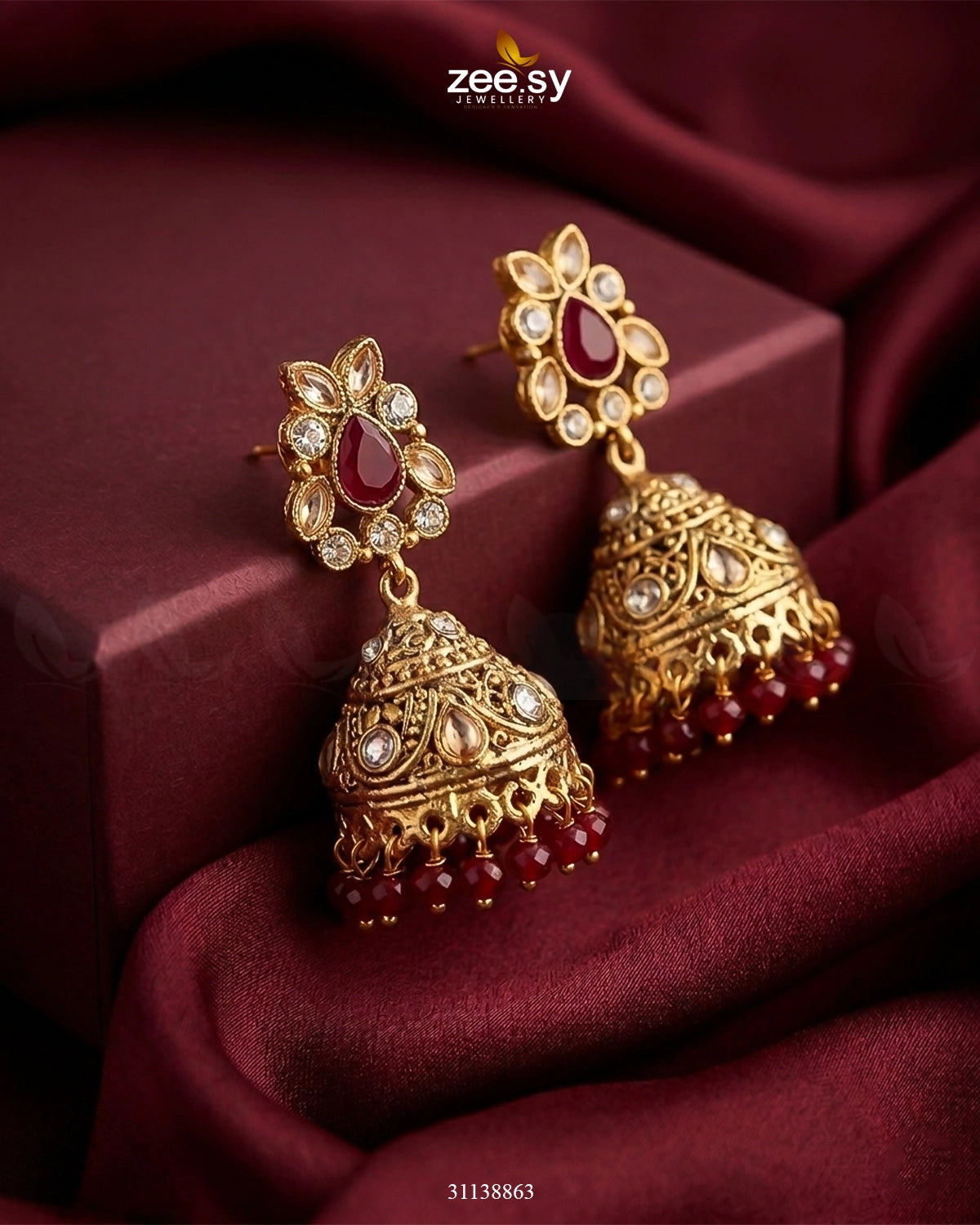 Regal Drop Stone Jhumka Earrings Golden Red Earrings - Zeesy Jewellery Pakistan | Premium Artificial & Imitation Jewellery