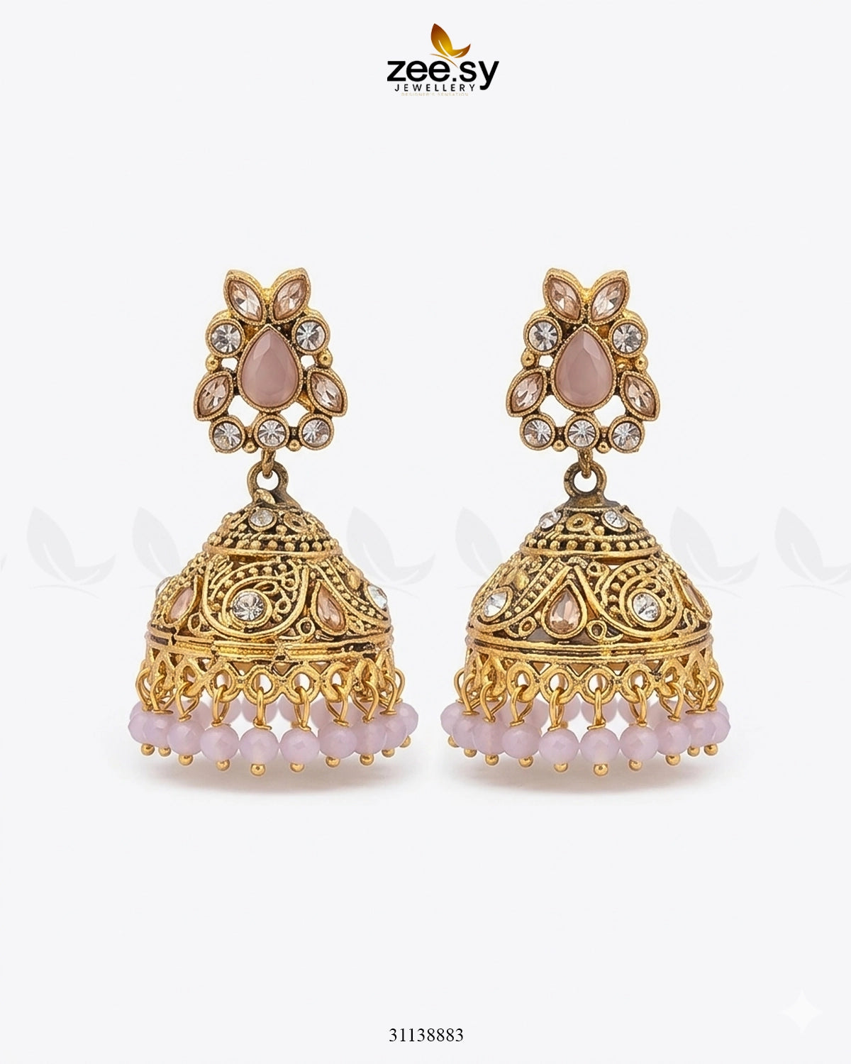 Regal Drop Stone Jhumka Earrings Golden Mint Pink Earrings - Zeesy Jewellery Pakistan | Premium Artificial & Imitation Jewellery