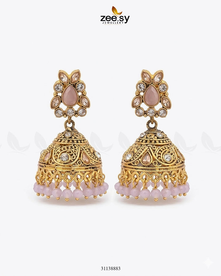 Regal Drop Stone Jhumka Earrings Golden Mint Pink Earrings - Zeesy Jewellery Pakistan | Premium Artificial & Imitation Jewellery