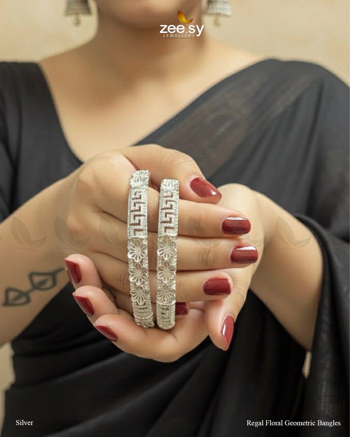 Regal Floral Geometric Bangles - Silver - Zeesy Jewellery