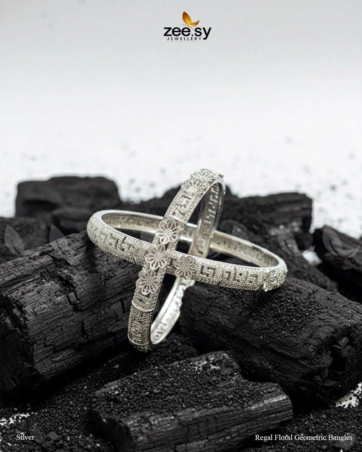 Regal Floral Geometric Bangles - Silver - Zeesy Jewellery