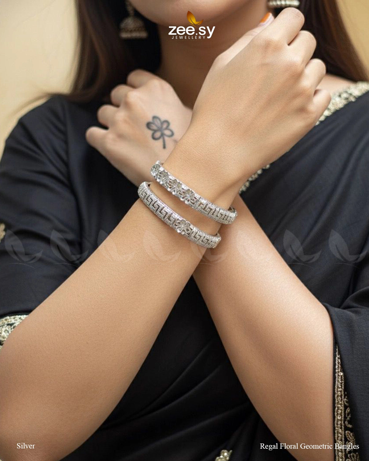 Regal Floral Geometric Bangles - Silver - Zeesy Jewellery