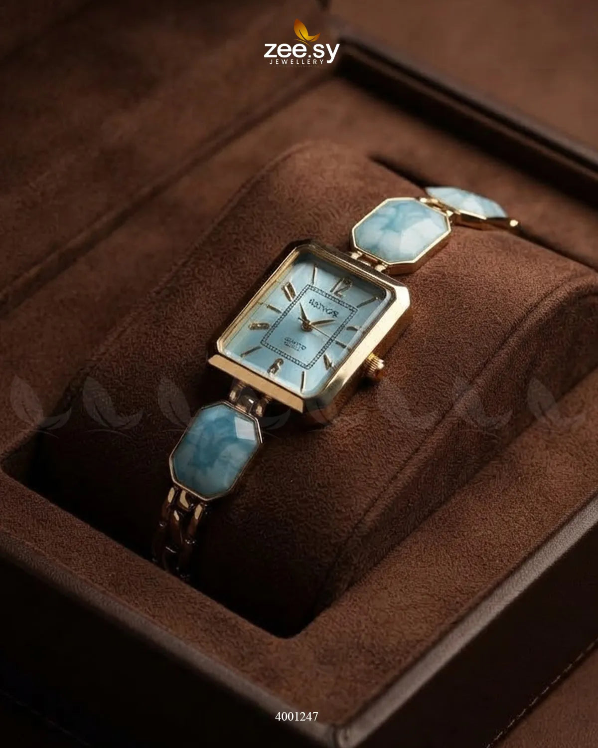 AJ03 retro square dial watch with sky blue face and silver-tone hands, featuring a vintage-inspired design.