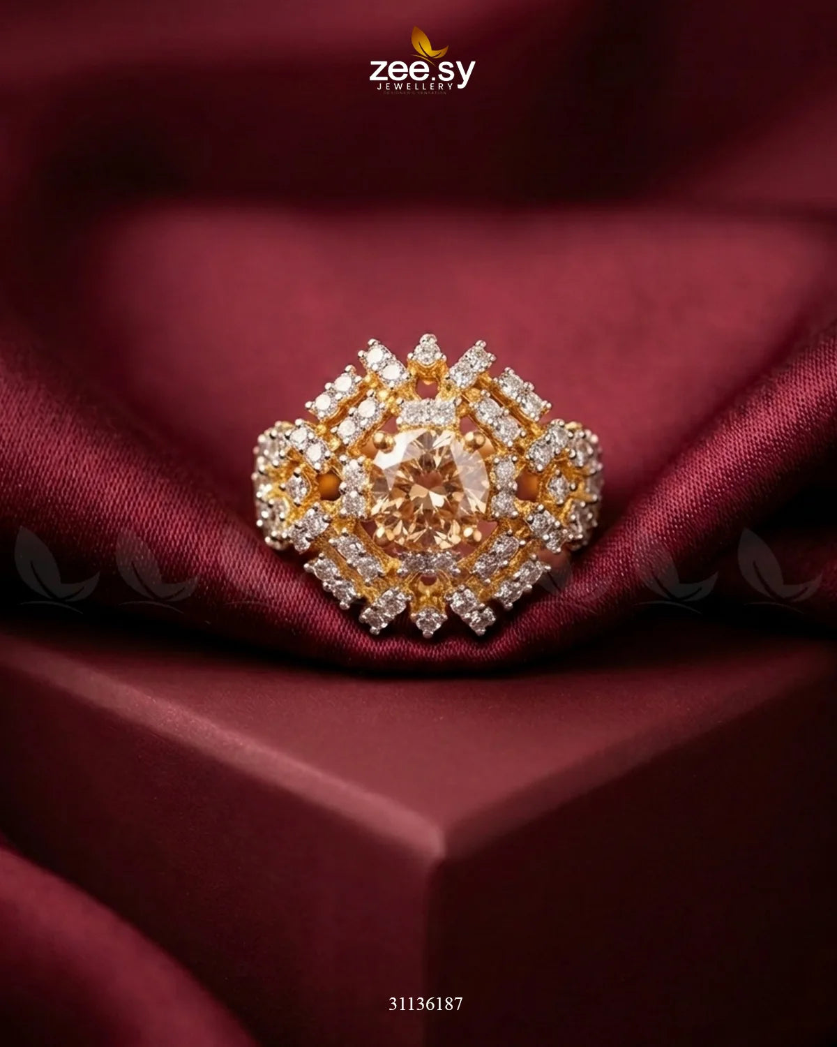 Royal Azure Cluster Ring Golden Champagne Finger Ring - Zeesy Jewellery Pakistan | Premium Artificial & Imitation Jewellery