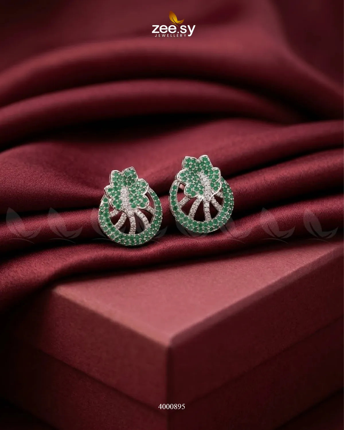 Royal Floral Zircon Earrings - Silver Silver Green Earrings - Zeesy Jewellery Pakistan | Premium Artificial & Imitation Jewellery
